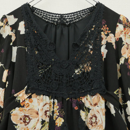 インゲボルグ★胸元レース使い♪花柄シフォンワンピース サイズ9 黒系 薄手 z23318