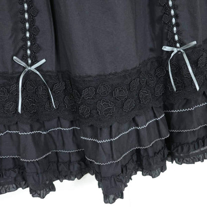 【レア美品！】ピンクハウス★可憐なローズレース♪サテンリボン フリル付きティアードスカート 黒系 z21341