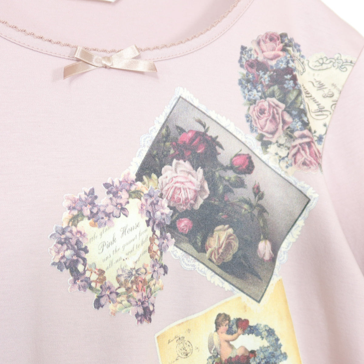【美品】ピンクハウス★ヴィクトリアンカードpt♪長袖カットソー サイズM ピンク系 サテンリボン&ピコレース♪薄手 z20660
