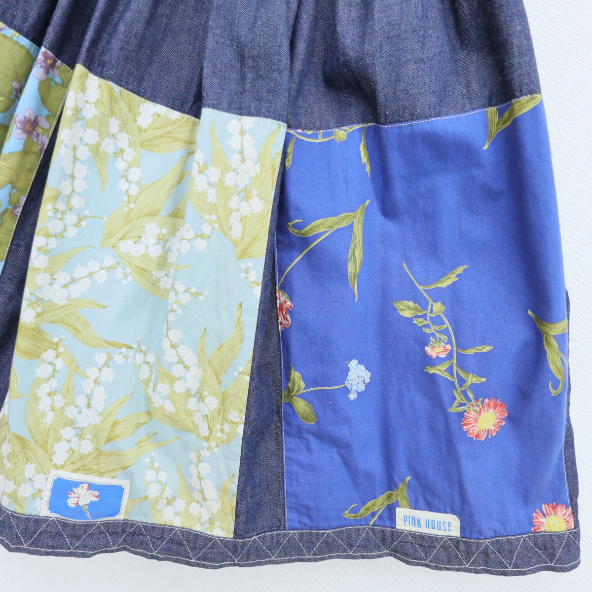 ピンクハウス★ 豪華 パッチワーク♪花柄 ブランドタグ付き デニム ロングスカート 青系 z23494