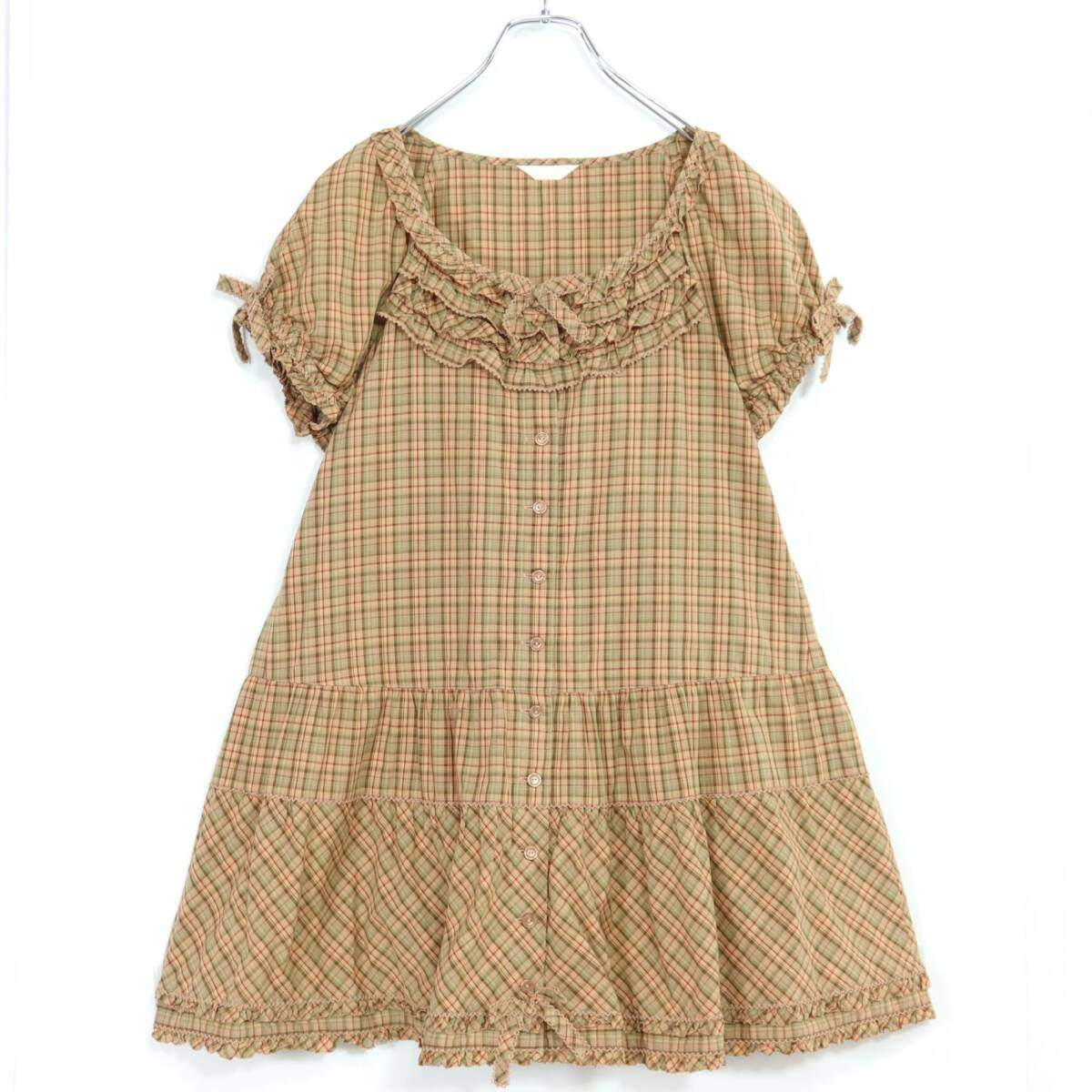 【美品】ピンクハウス★可愛いシルエット♪ パフスリーブチュニックワンピース オリチェ柄 ブラウン系 ＊z19601