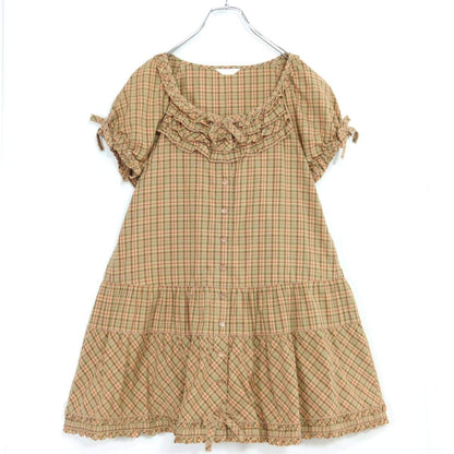 【美品】ピンクハウス★可愛いシルエット♪ パフスリーブチュニックワンピース オリチェ柄 ブラウン系 ＊z19601