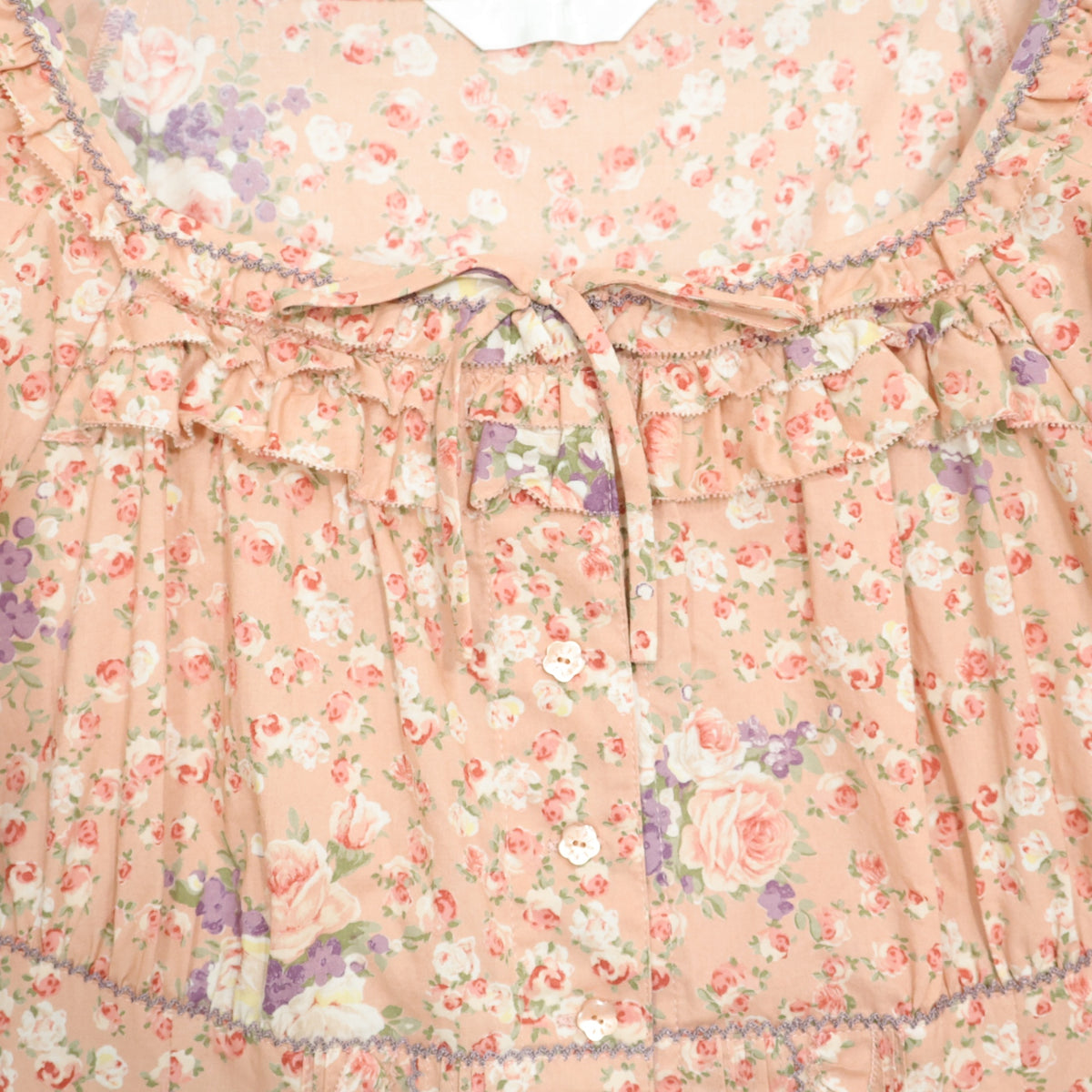 【美品】ピンクハウス★薔薇pt&段々フリル♪スクエアネックブラウス サーモンピンク系 前開き z22913
