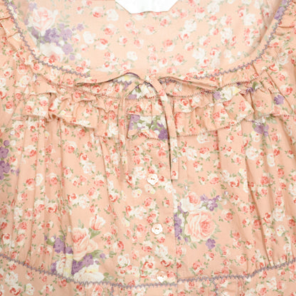 【美品】ピンクハウス★薔薇pt&段々フリル♪スクエアネックブラウス サーモンピンク系 前開き z22913