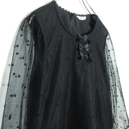 【極美品】ピンクハウス★ドットチュールレースのブラウス 大きいサイズL 黒系 リボン&お花のモチーフ付♪薄手 z18616