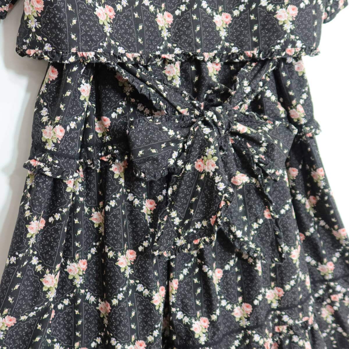 ピンクハウス★薔薇格子pt♪かぶせ段々フリルのローンワンピース 黒系 前開き リボンいっぱい♪z20811