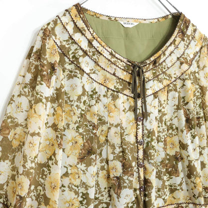 【美品】インゲボルグ★大人フェミニン♪シックな花柄シフォンワンピース サイズ9 緑×茶系 薄手 z21349