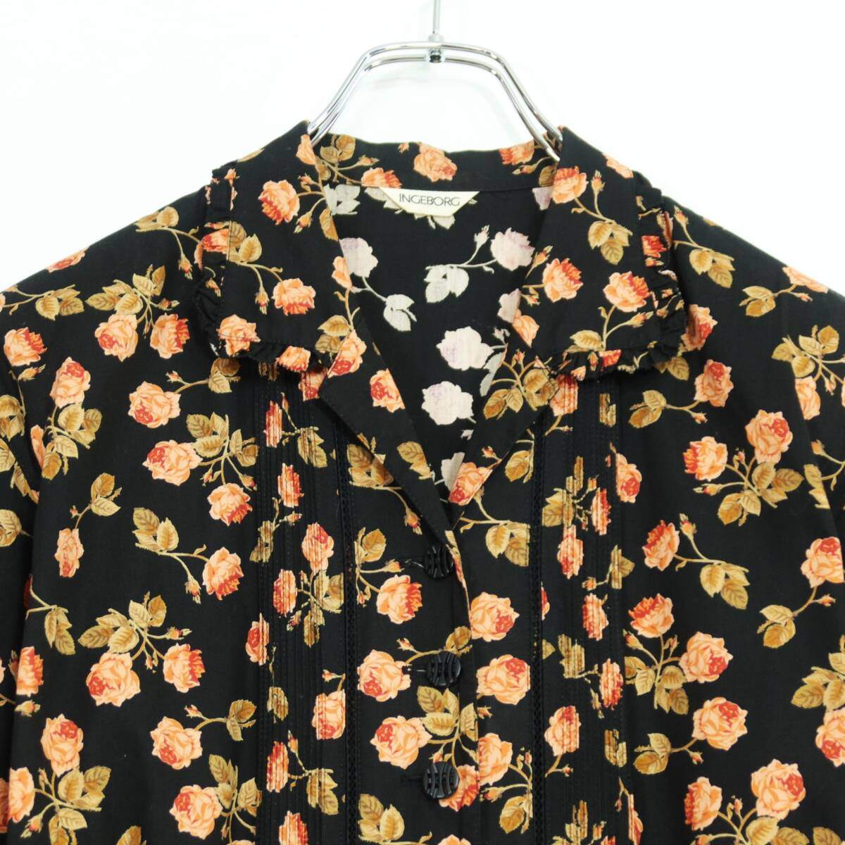 【レア美品】インゲボルグ★華やか薔薇pt♪七分袖ワンピース 黒系 前開き はしごレース&リボン♪薄手 z20078