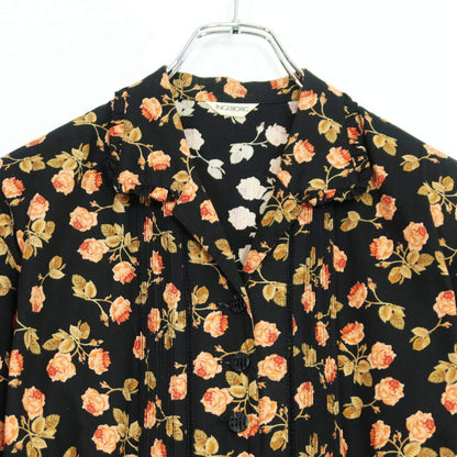 【レア美品】インゲボルグ★華やか薔薇pt♪七分袖ワンピース 黒系 前開き はしごレース&リボン♪薄手 z20078