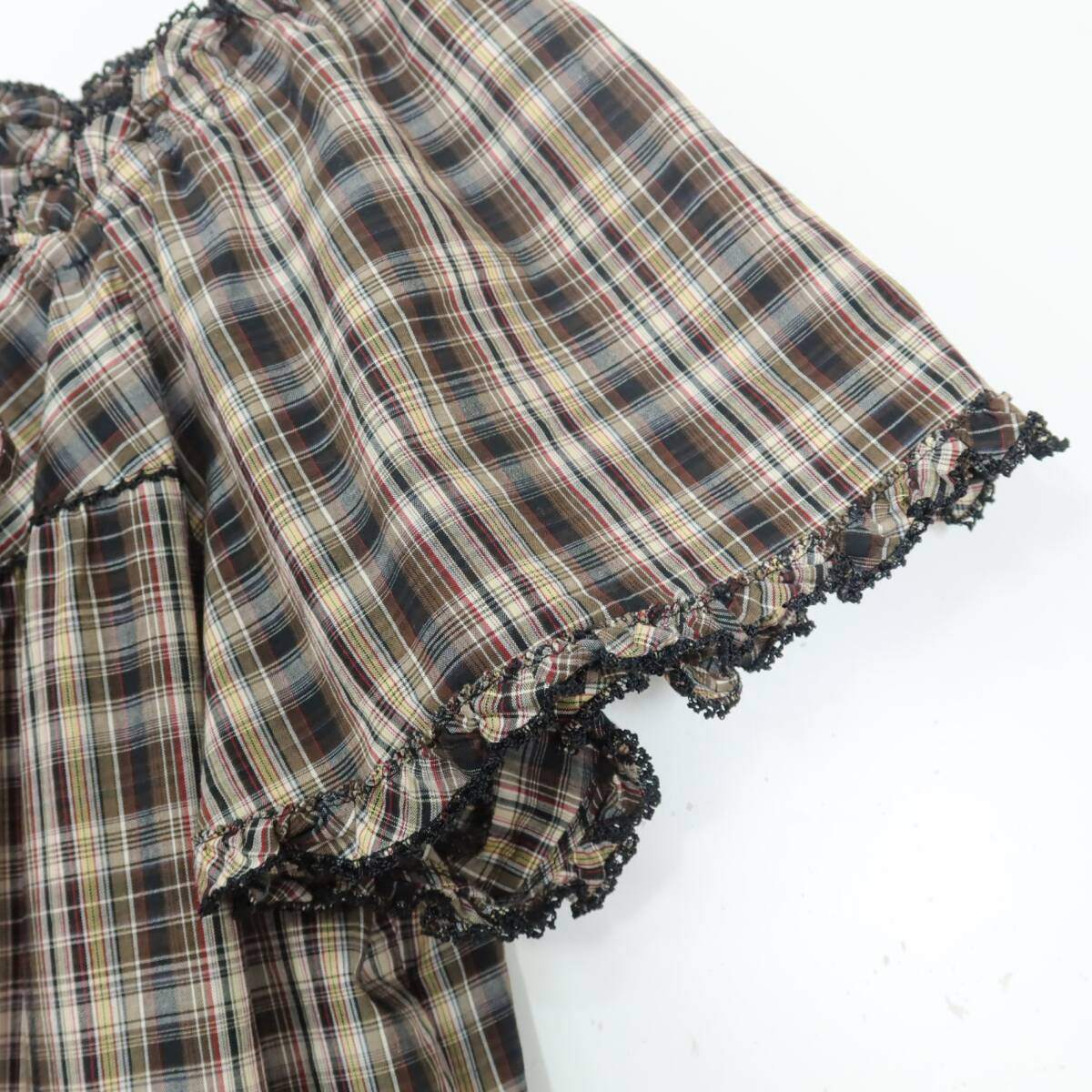 【美品】ピンクハウス★オリチェpt♪ローン チュニックブラウス 茶系 前開き フリル♪薄手 z19864