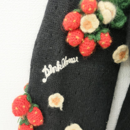 ピンクハウス★イチゴ&お花モチーフ♪透かし編みニットカーディガン 黒系 アンゴラ混 厚手 z23272