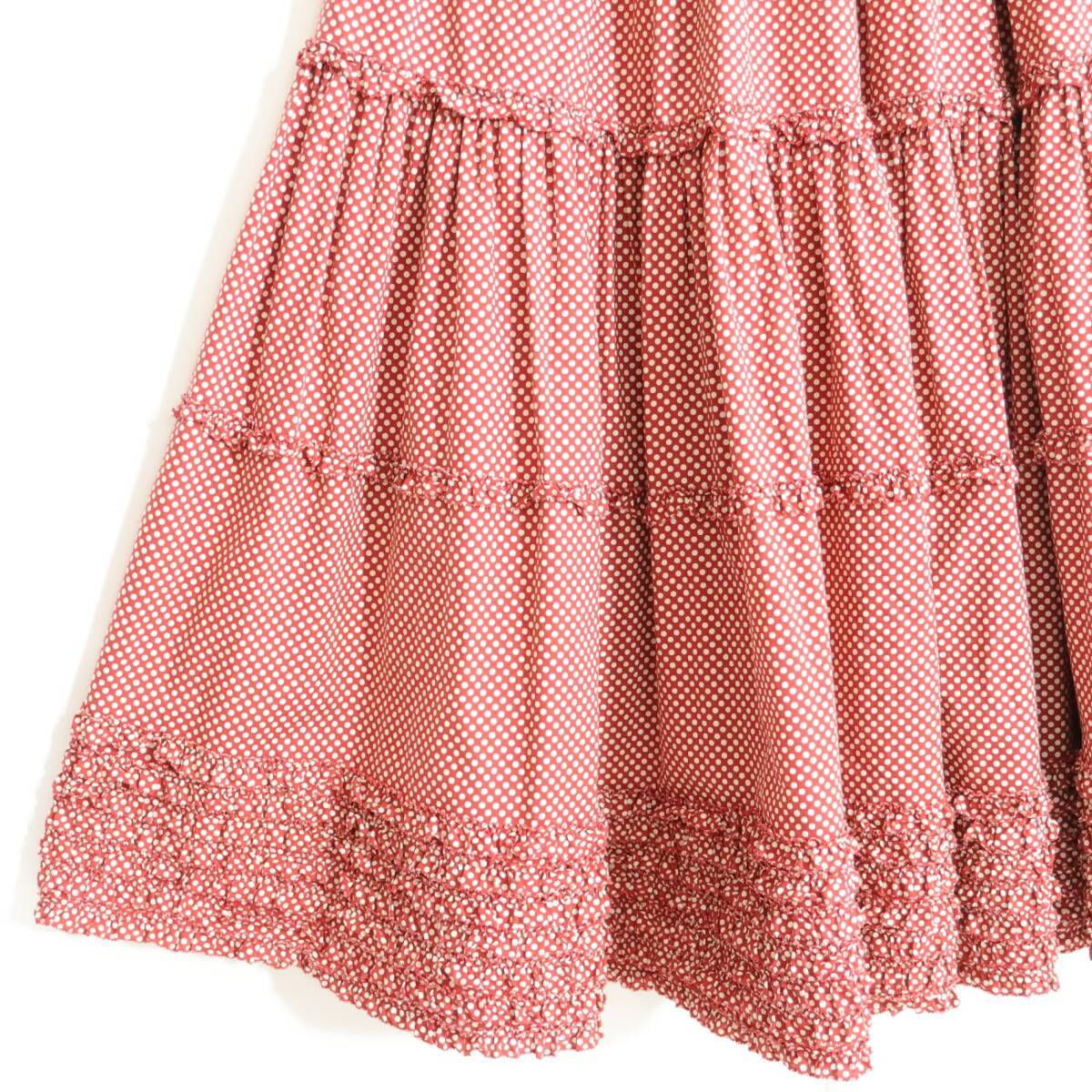 【美品】ピンクハウス★ドットpt♪ギャザースカート 赤系 前開き 段々フリル♪薄手 z21182