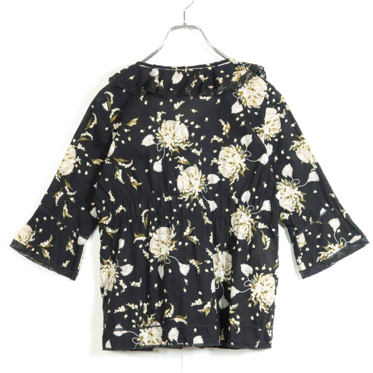 【美品】ピンクハウス★ローンブラウス 黒系 前開き キュートなすずらんプリント♪黒レース&フリル♪z13354