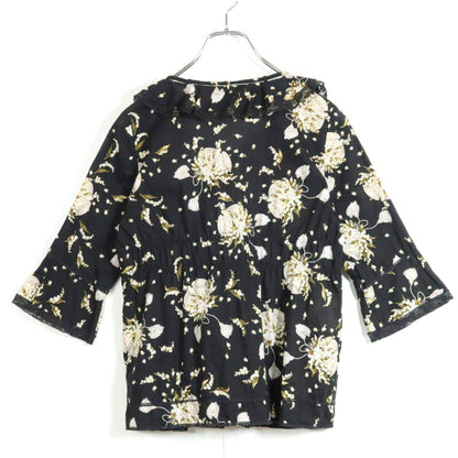 【美品】ピンクハウス★ローンブラウス 黒系 前開き キュートなすずらんプリント♪黒レース&フリル♪z13354