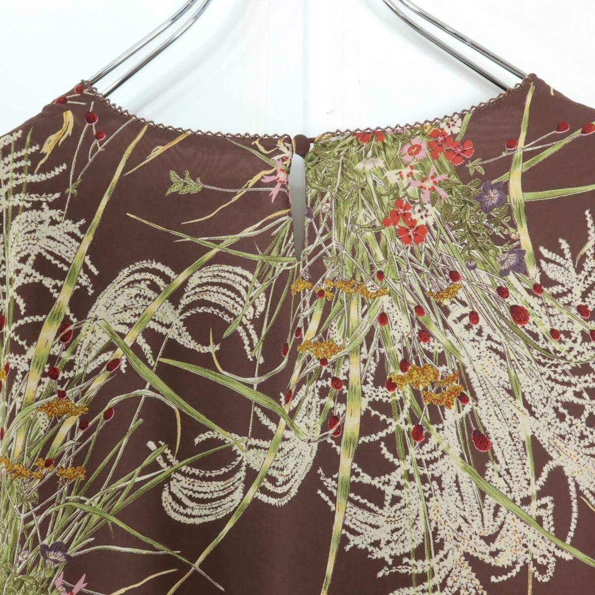 【美品】カネコイサオ★たくし上げリボン♪ススキ柄ワンピース ブラウン系 薄手 19733