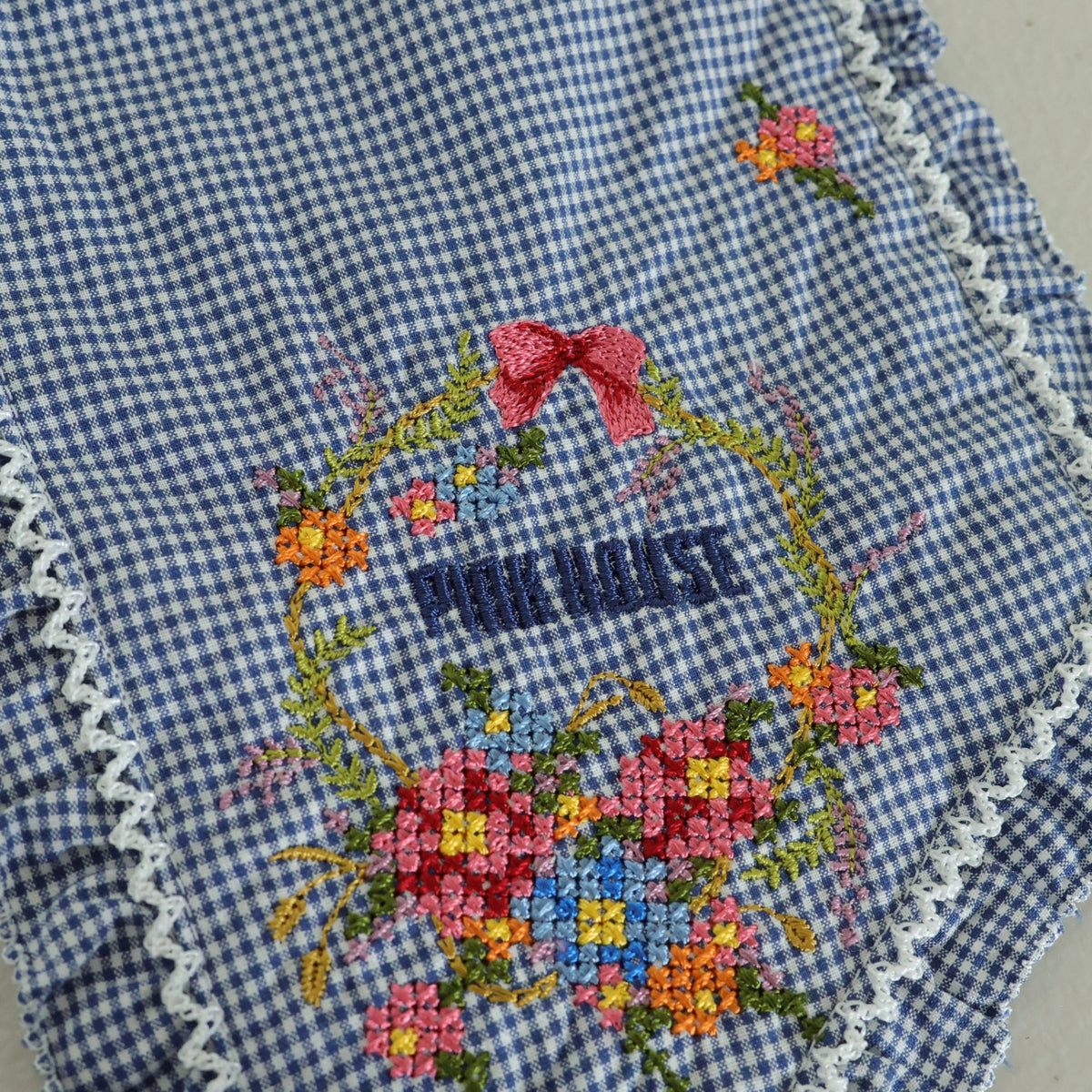 ピンクハウス★お花のクロスステッチ 刺しゅうが可愛い♪ロゴ入り ピコフリル ウエスト リボン ベルト 青系 *so275