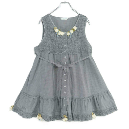 【美品】ピンクハウス★ギンガムチェック×フリル使い♪お花モチーフ ノースリーブ ミニワンピ チュニックブラウス 黒系 z19680