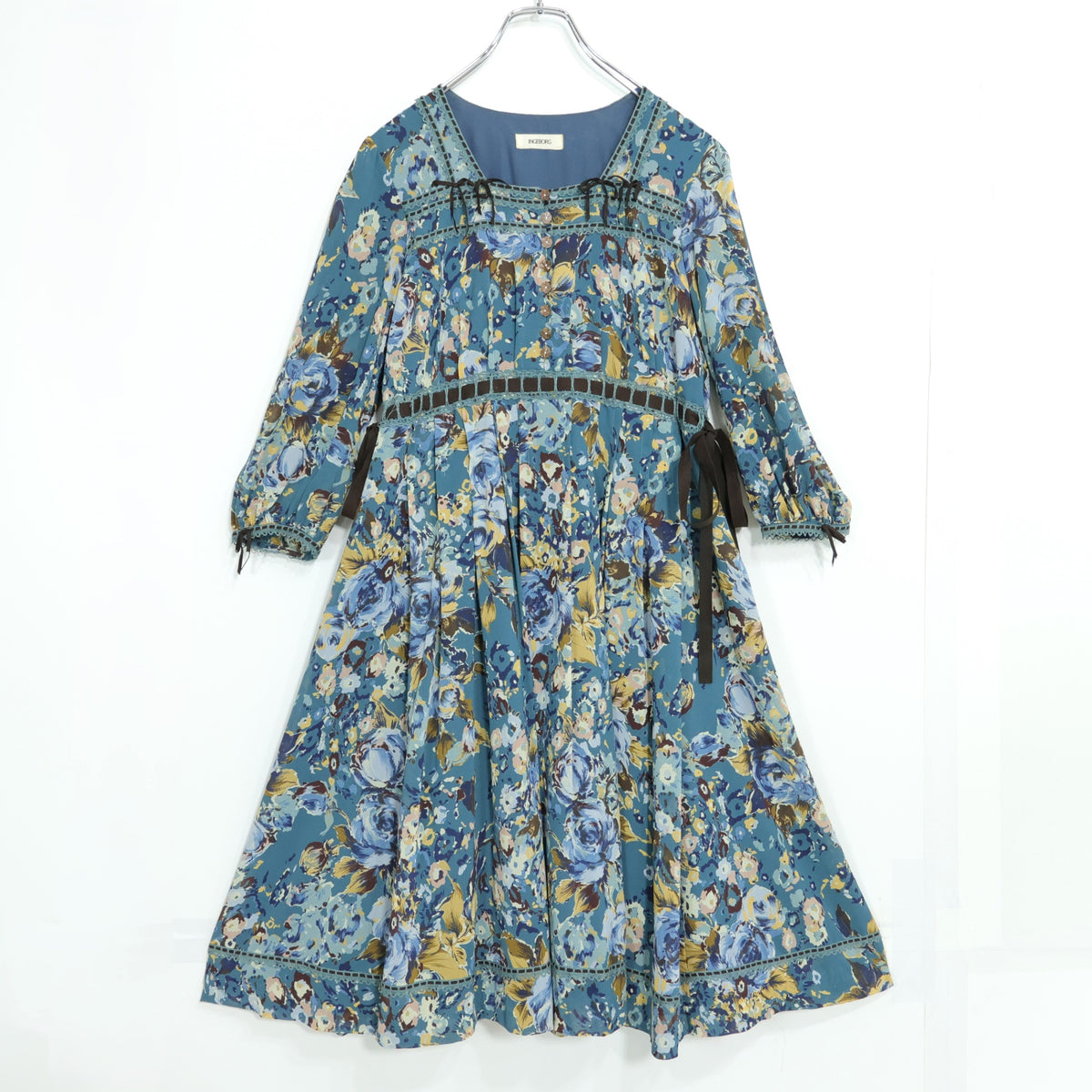 インゲボルグ★はしごレース&ベロアリボン♪花柄シフォンワンピース サイズ9 青緑系 薄手 z22247
