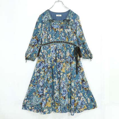 インゲボルグ★はしごレース&ベロアリボン♪花柄シフォンワンピース サイズ9 青緑系 薄手 z22247