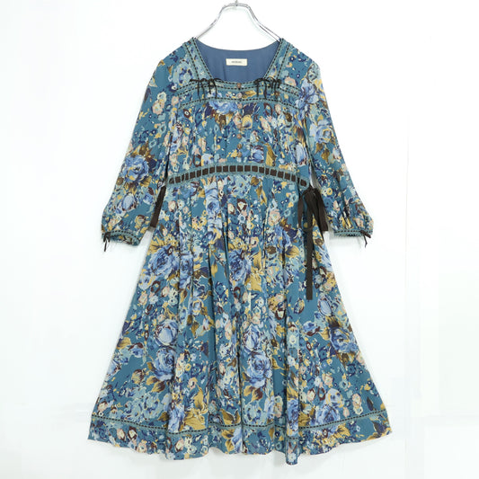 インゲボルグ★はしごレース&ベロアリボン♪花柄シフォンワンピース サイズ9 青緑系 薄手 z22247