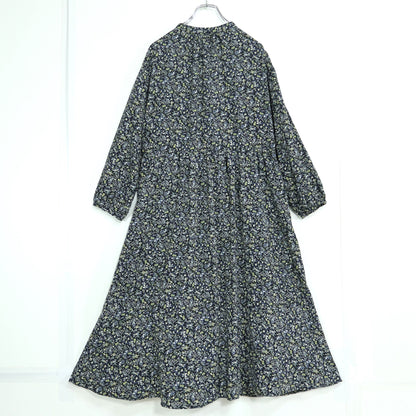 【美品】SM2 ブルー★小花柄♪長袖シャツワンピース サイズフリー 黒系 前開き薄手 z22766