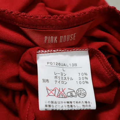 【美品】ピンクハウス★お袖チュールレース♪長袖カットソー 大きいサイズL 赤系 サテンリボン♪無地z22039
