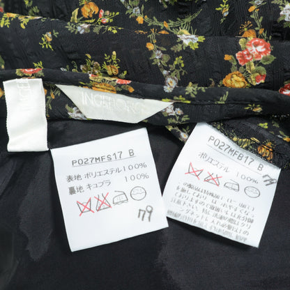 インゲボルグ★小花pt♪上下セット 半袖前開きブラウス&ギャザースカート 黒系 涼しげなシアー感♪z22438