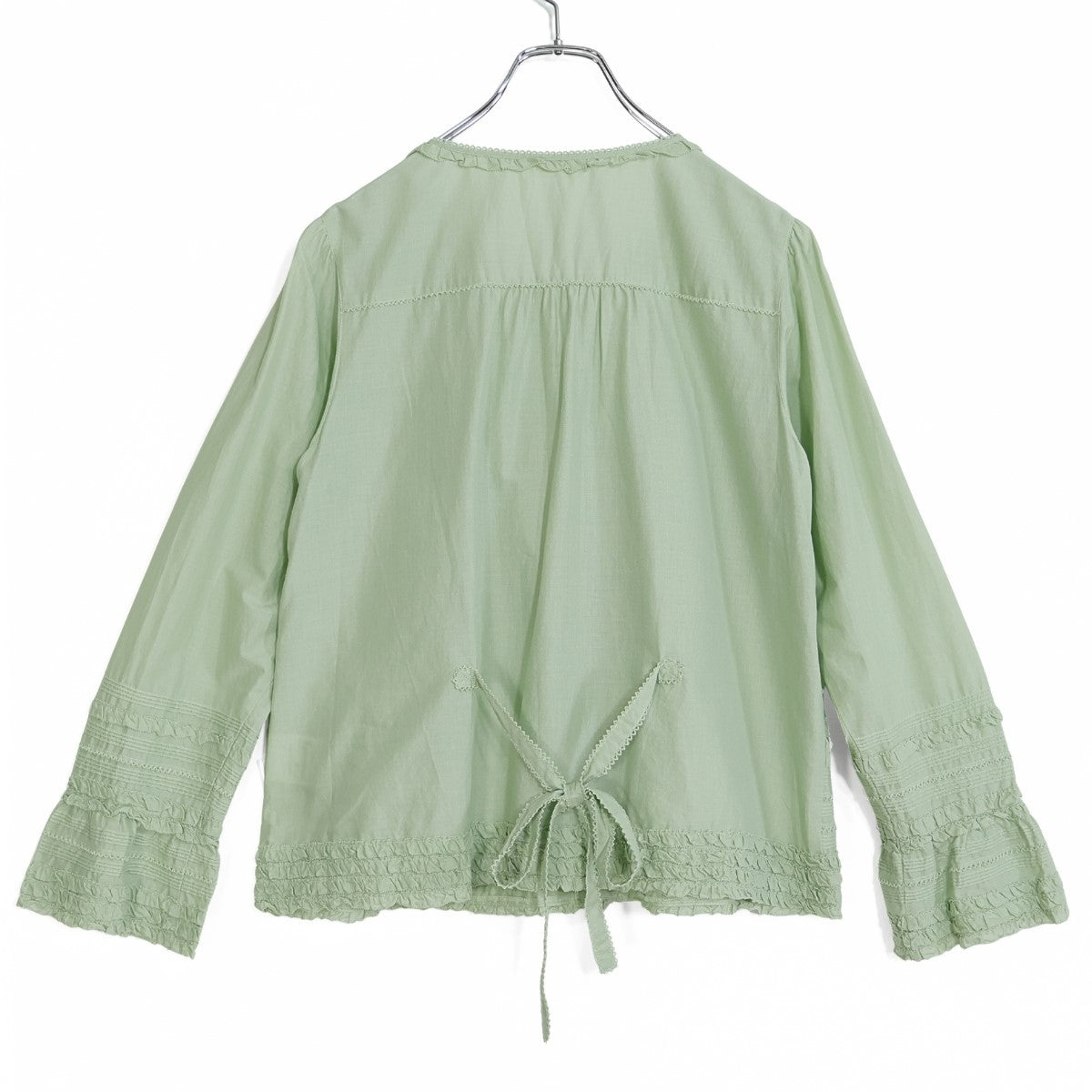 【美品】ピンクハウス★段々フリル&ピコレース♪ローンブラウス ハッカ系 前開き リボンも♪無地 z23104