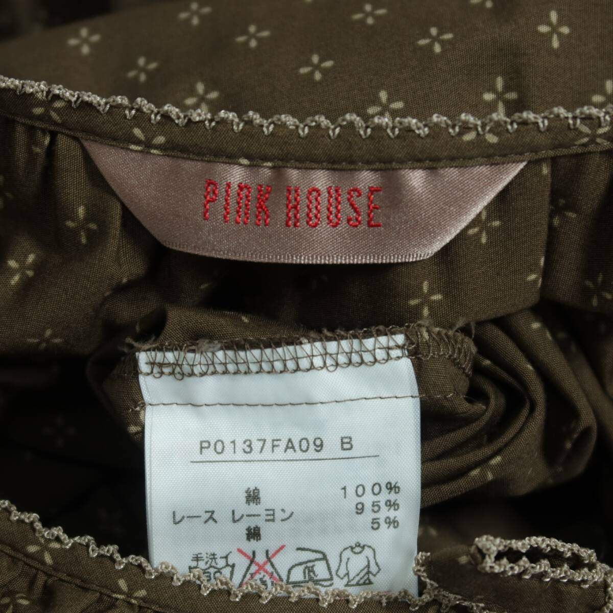 【レア美品】ピンクハウス★アンティーク調♪かぶせ段々ワンピース 茶系 王冠&黒猫&バイオリンpt♪薄手 z19739