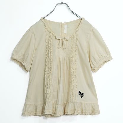 【美品！】ピンクハウス★リボン刺しゅう♪半袖ブラウス 綿ローン ピコレース ピコフリル ピンタック 後開き パフ袖 クリーム系 z22252