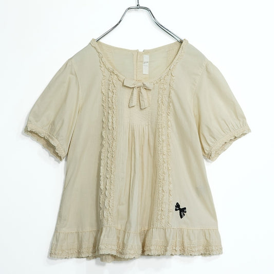 【美品！】ピンクハウス★リボン刺しゅう♪半袖ブラウス 綿ローン ピコレース ピコフリル ピンタック 後開き パフ袖 クリーム系 z22252