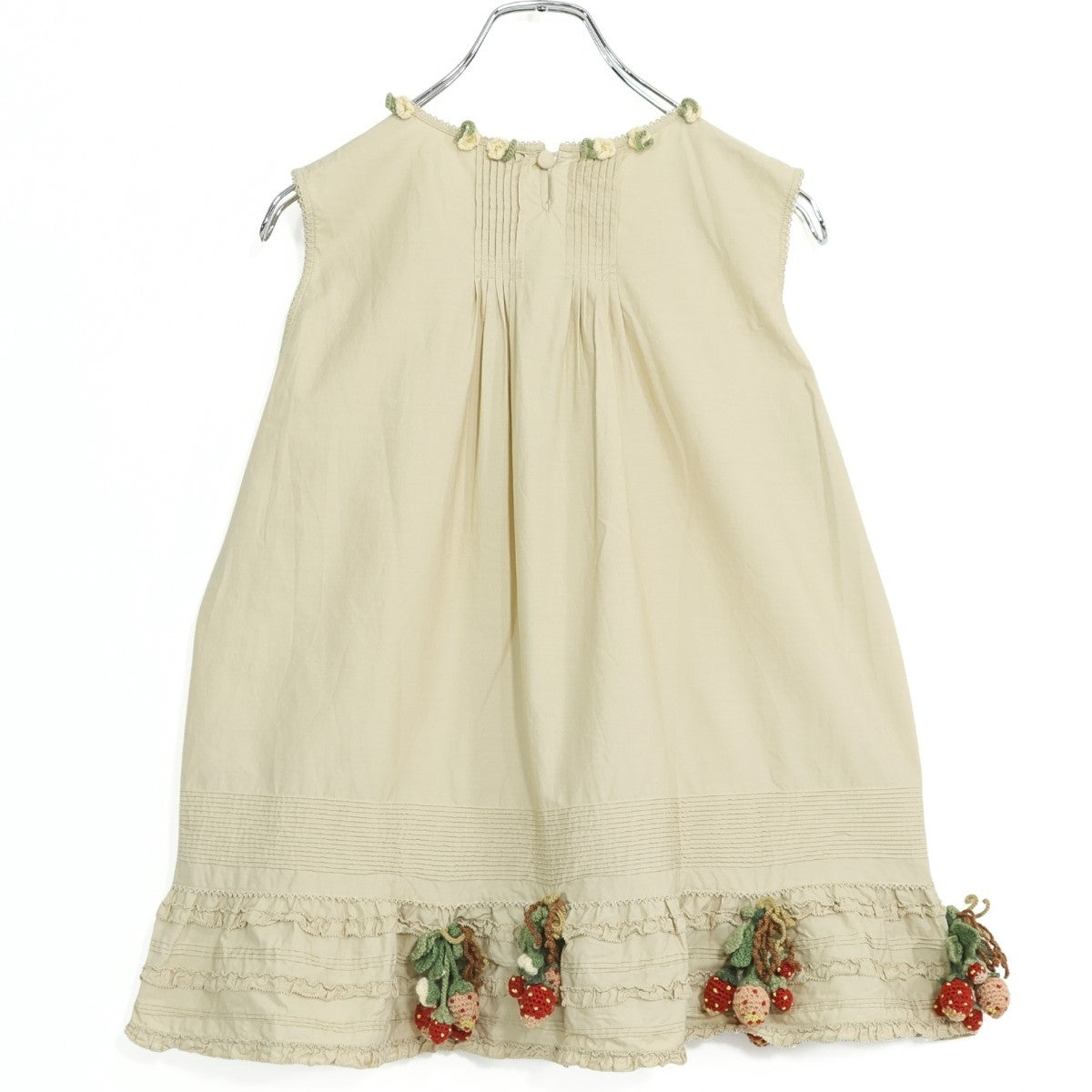 【美品】ワンダフルワールド★いちごモチーフが可愛い♪ピンタック ピコフリル ノースリーブブラウス ベージュ系 z22652