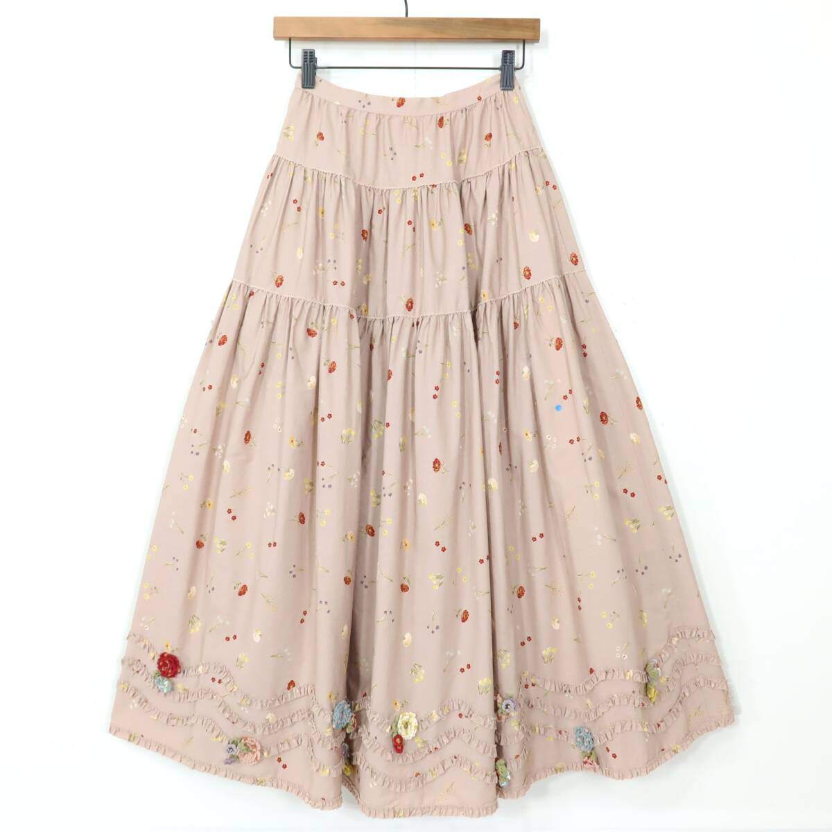 カネコイサオ★モチーフいっぱい♪ギャザースカート ピンク系 草花柄♪ティアードデザイン♪薄手 z19755