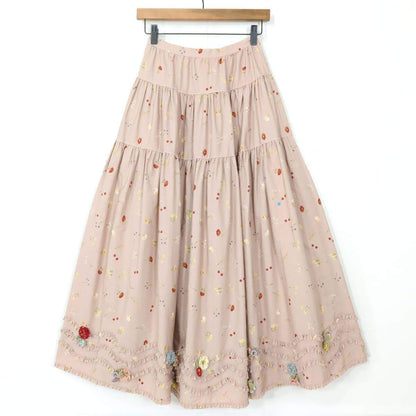 カネコイサオ★モチーフいっぱい♪ギャザースカート ピンク系 草花柄♪ティアードデザイン♪薄手 z19755