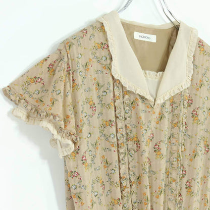 【美品】インゲボルグ★クラシカルな襟付き ピンタック フリル 花柄ワンピース♪ベージュ系 z19687