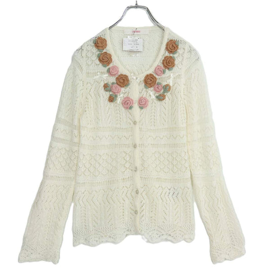 【極美品】ピンクハウス★ミニリボン&お花♪モチーフ付き長袖カーディガン 白系 透かし編み♪z19856
