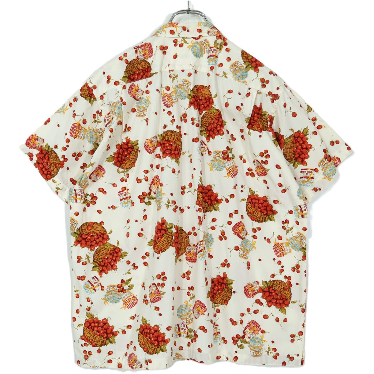 【美品】ピンクハウス★ジャム瓶&かごストロベリーpt♪開襟シャツ ブラウス 大きいサイズＬ クリーム色系 前開き 薄手 z21734
