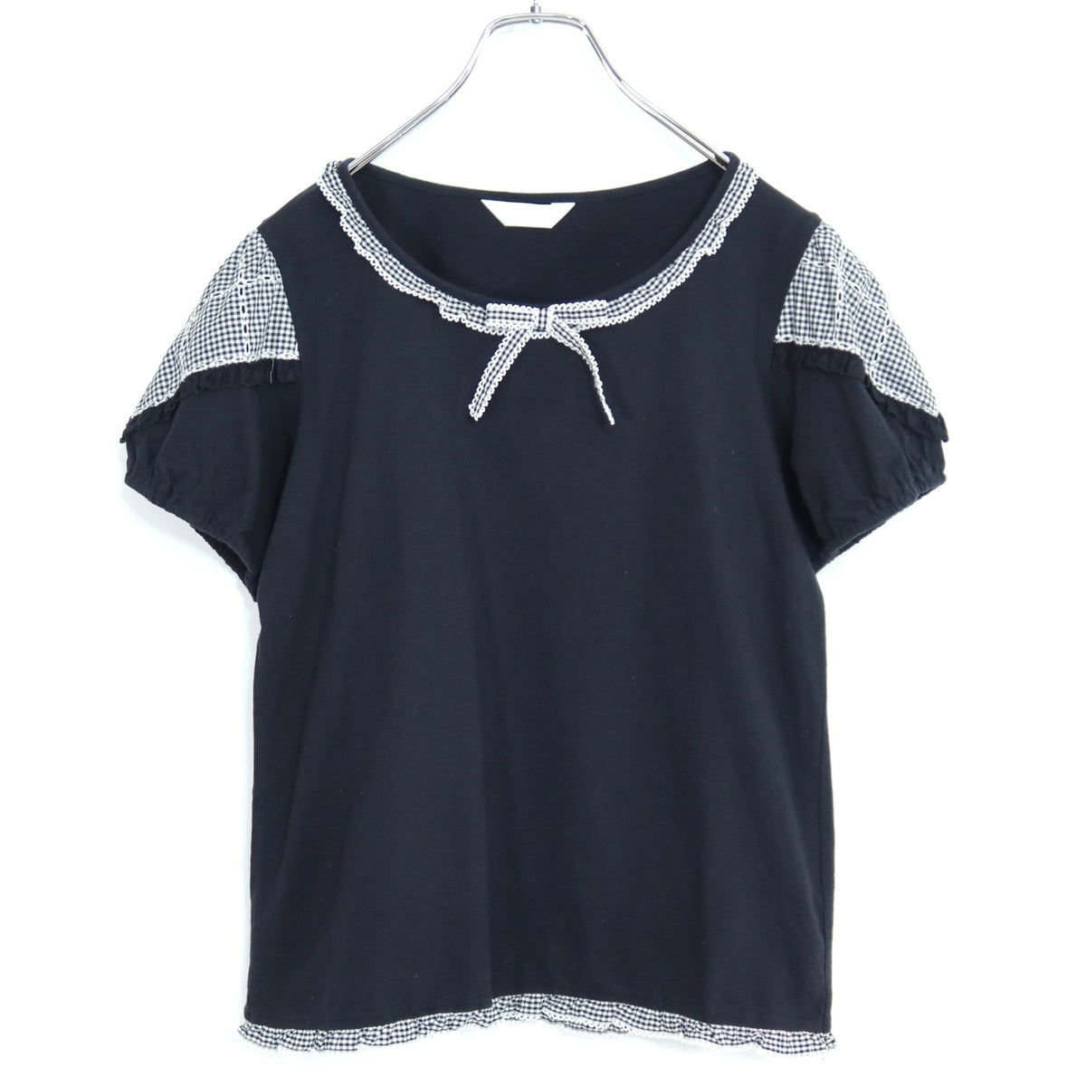【美品】ピンクハウス★ギンガムチェック柄が可愛い♪ 半袖カットソー カットワーク刺しゅうデザイン サイズ3(M) 黒系 z19976