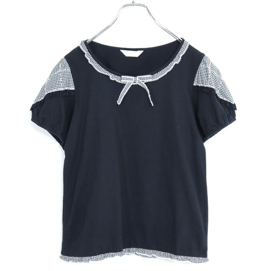 【美品】ピンクハウス★ギンガムチェック柄が可愛い♪ 半袖カットソー カットワーク刺しゅうデザイン サイズ3(M) 黒系 z19976