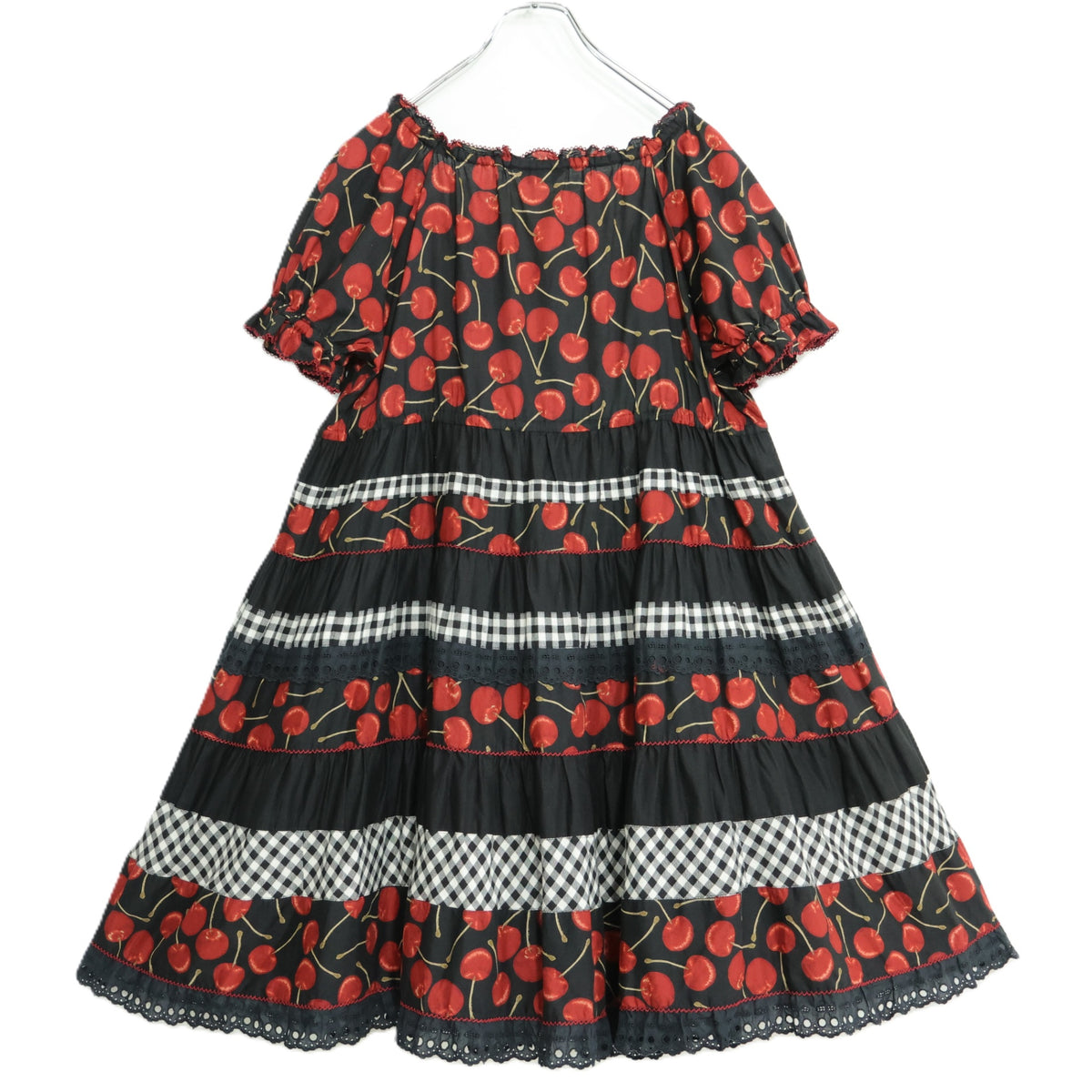 【美品】ピンクハウス★ギンガムパッチワーク♪チェリーpt半袖ローンワンピース 黒系 前開き 薄手 z22030