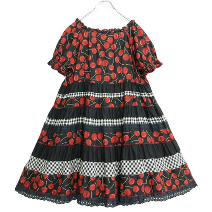 【美品】ピンクハウス★ギンガムパッチワーク♪チェリーpt半袖ローンワンピース 黒系 前開き 薄手 z22030