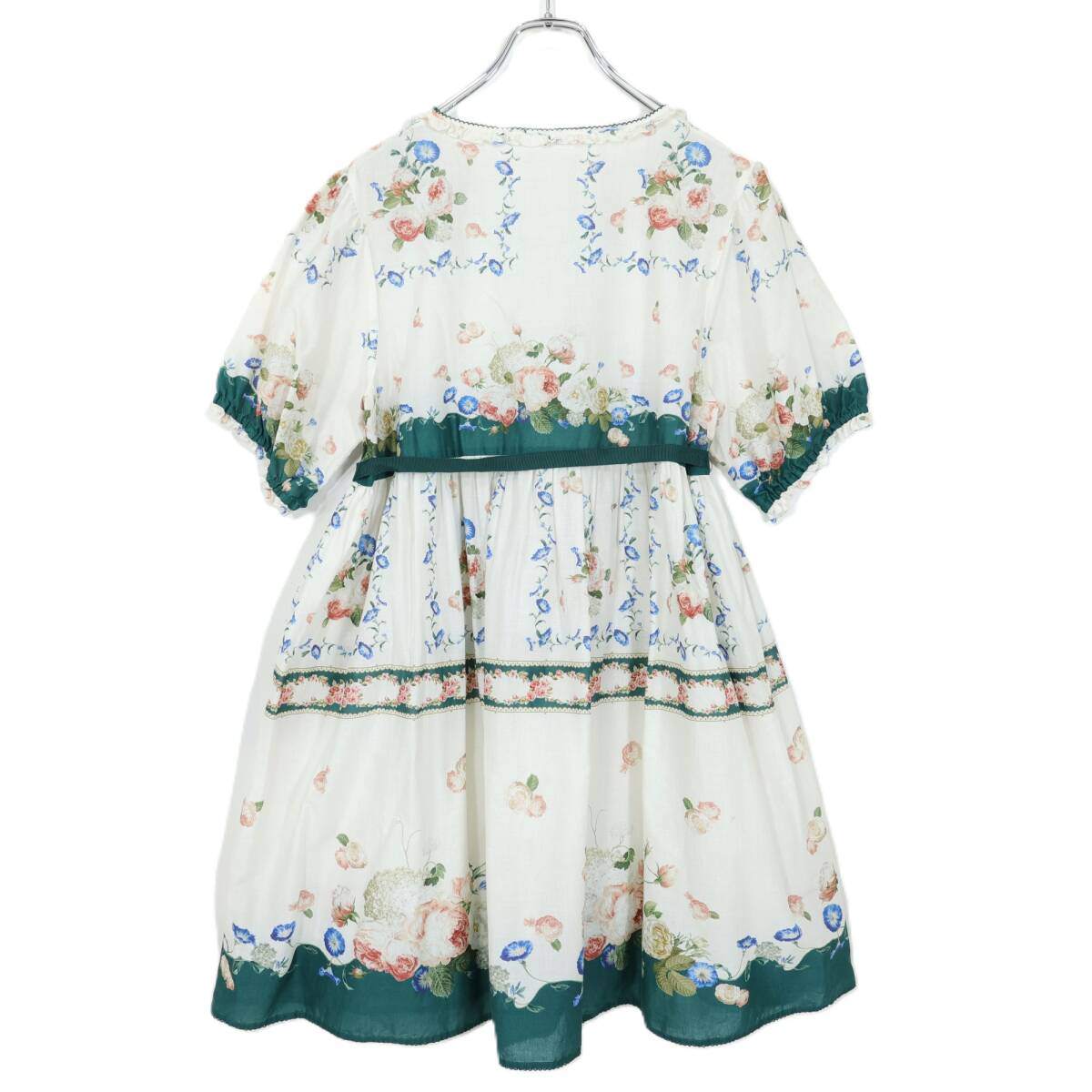 ピンクハウス★気品溢れる薔薇ブーケ柄♪リボンベルト付き 半袖パフスリーブ 綿ローン ワンピース 白×緑系 z21343