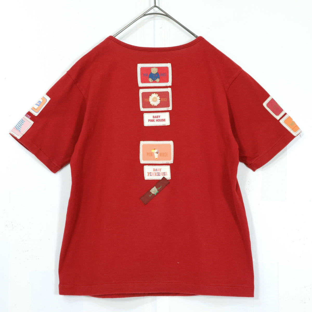 ベビーピンクハウス★ワッペンいっぱい♪半袖Tシャツ 前ポケット キューピー ぬいぐるみクマ ウサギ パフェ サイズL(120cm) 赤系 z21893
