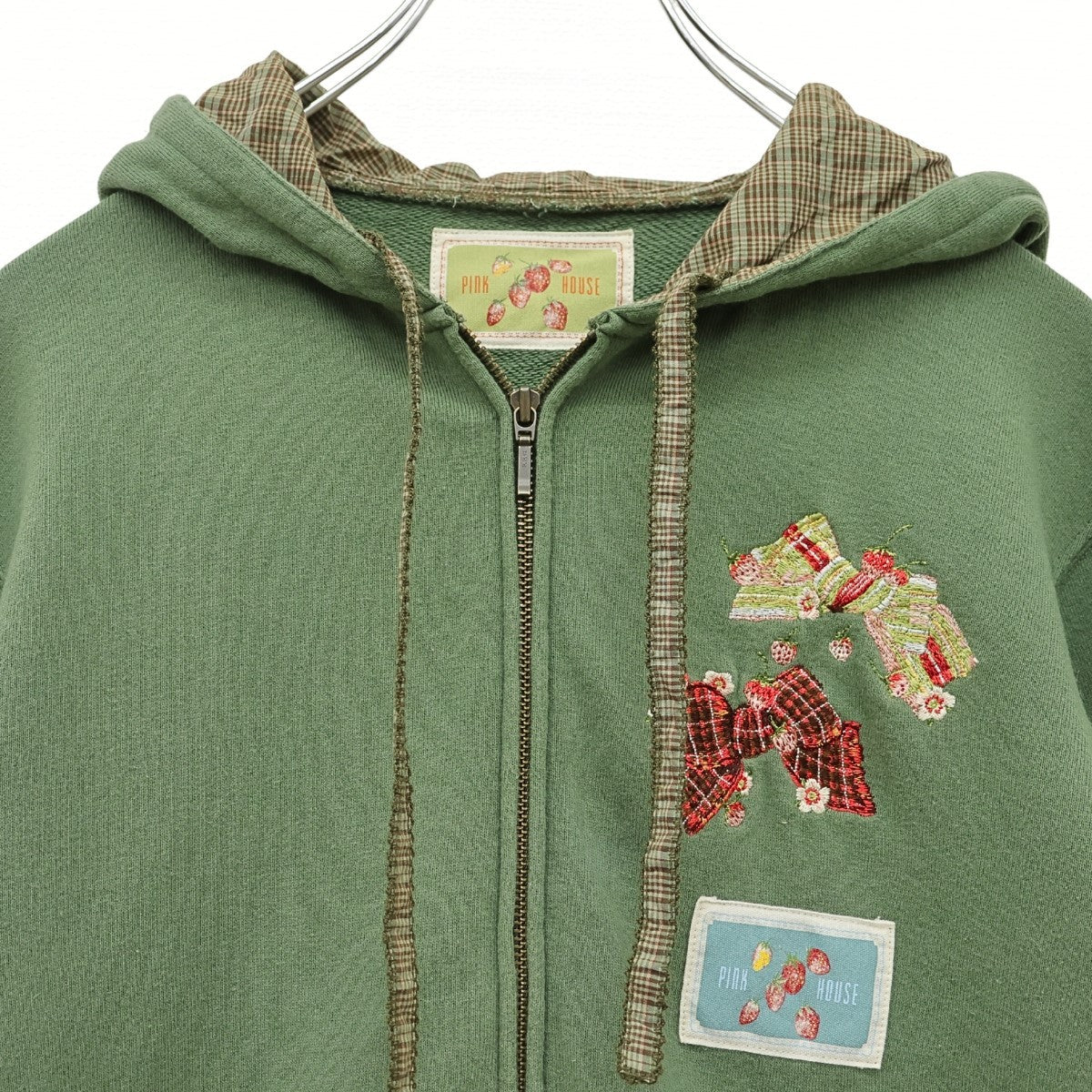 ピンクハウス★クランタータンブーケpt&刺しゅう♪ジップアップパーカー スウェット 大きいサイズL グリーン系 無地 z23189