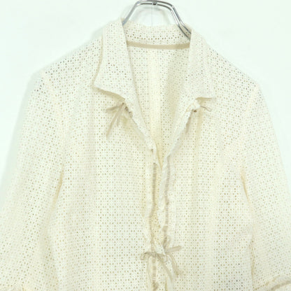 【美品】インゲボルグ★かぎ編みレースが可愛い♪リボン付き 透け感のあるジャケット♪サイズM 白系 z20371