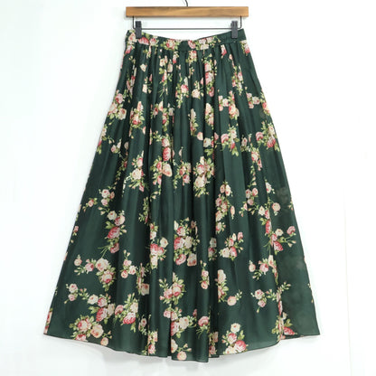 【美品】インゲボルグ★薔薇pt♪タック使いギャザースカート モスグリーン系 光沢あり♪薄手 z21478