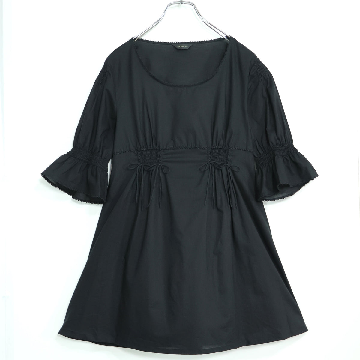 【美品】インゲボルグ★シャーリング♪ふんわりローンワンピース ミニ丈 サイズM 黒系 ピコレース♪無地 薄手 z22041