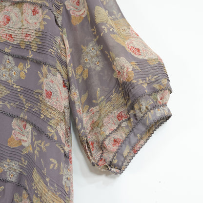 カネコイサオ★花柄シフォンのプリーツワンピース 薄紫系 薄手 z22397