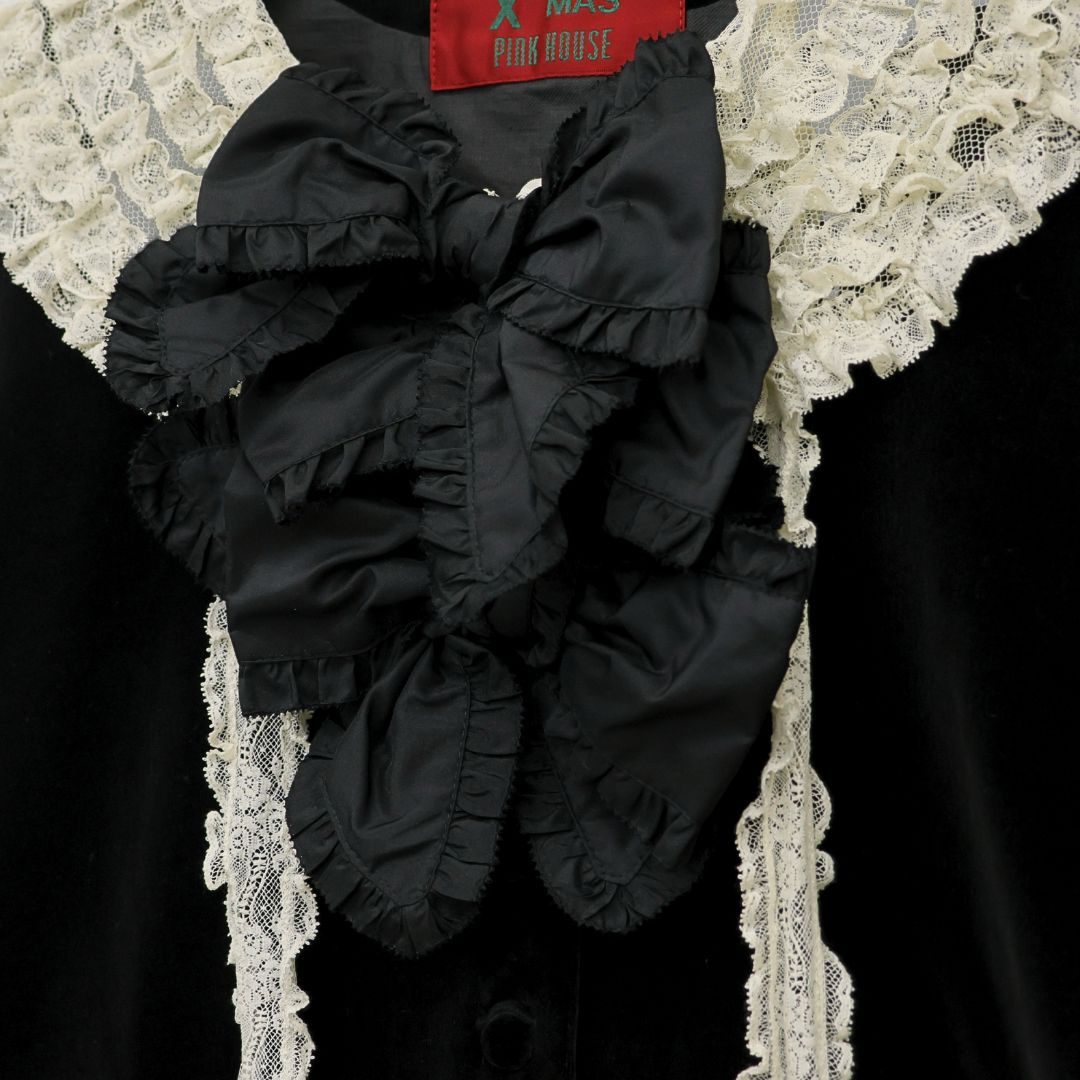 【美品】ピンクハウス★ベルベットX’masドレス ドットチュールレース♪黒ベロアのパフ袖ワンピース  黒系 重ね付けリボン♪厚手 z23244