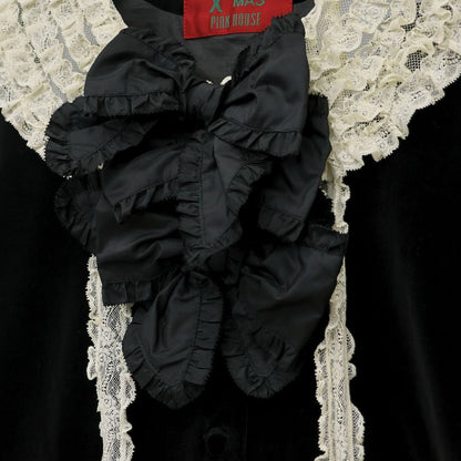 【美品】ピンクハウス★ベルベットX’masドレス ドットチュールレース♪黒ベロアのパフ袖ワンピース  黒系 重ね付けリボン♪厚手 z23244